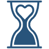 Clean illustration of an hour glass full of sand and a heart sitting in the upper section of the glass to represent joy.